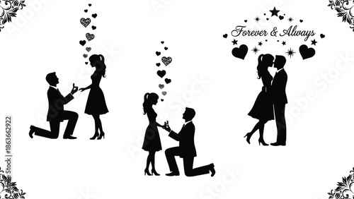 Romantic couple silhouette vector set, proposal and kiss scenes, engagement ring icon, love celebration, floral decoration, black and white illustration