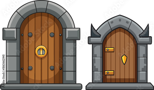 Medieval castle doors with arched stone frames