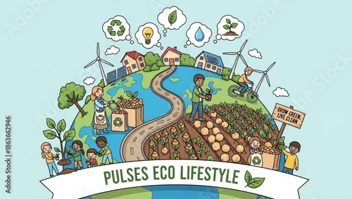 Eco lifestyle concept with people renewable energy and sustainable living elements on a globe illustration for environmental awareness