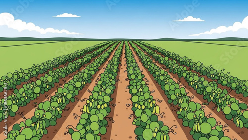 Vast green bean field stretching to the horizon organic farming illustration concept for agriculture and healthy food production