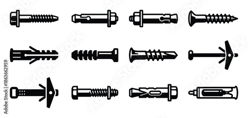 Set of wall anchors vector. Collection of various types of fasteners for wall mounting applications in black and white.
