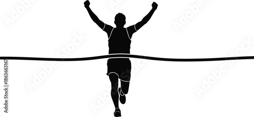 Runner silhouette, finish line victory, athletic motion, sports achievement, winning pose, race success, fitness celebration, vector illustration, black figure, dynamic movement