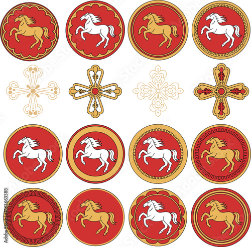 Decorative circular horse emblem collection with ornate floral crosses, vintage folk art symbols, colorful vector patterns for branding, textiles, stickers, and logo design usage