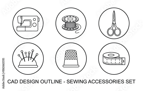 Sewing accessories icon set. Includes sewing machine, bobbin, scissors, pin cushion, thimble and measuring tape.