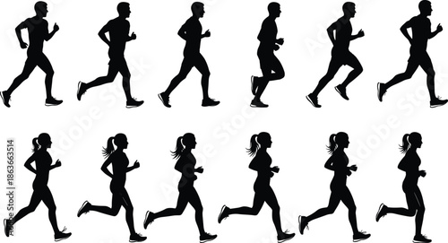 Running silhouettes set, male and female joggers sequence, fitness training motion, marathon athletes, black and white vector illustration for stock design