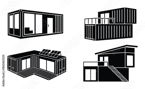 Shipping container home vector set featuring modern houses design with solar panels and staircase, for architecture projects.