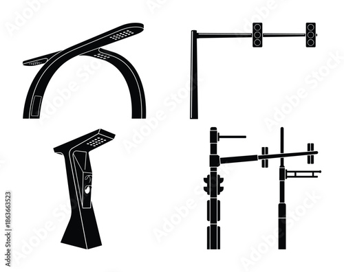 Silhouette collection includes modern street lights, lamp posts, and traffic signals designs in vector format.