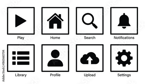 Simple black and white app navigation icons, play, home, search, notifications and settings profile etc.