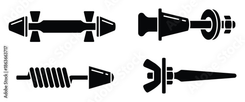 Silhouettes of mechanical parts: screws, springs, bolts and fasteners. Engineering, industrial, equipment components.