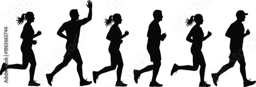 Running silhouettes, jogging people, fitness motion, athletic activity, male and female runners, dynamic movement, sports training, healthy lifestyle, vector illustration, black figures
