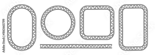 Greek doodle frames set. Hand drawn roman circle, oval and rectangle frame. Greek or Roman ancient motif border design. Ancient ornament elements. Vector illustration isolated on white background.