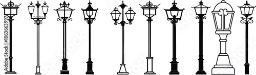 Variety of vintage and modern street lamp post designs