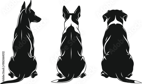 Set of Three Distinct Dog Silhouettes, Viewed from the Side and Rear, Vector Illustration Suitable for Pet Care Branding, Veterinary Clinic Logos, or Animal Graphics