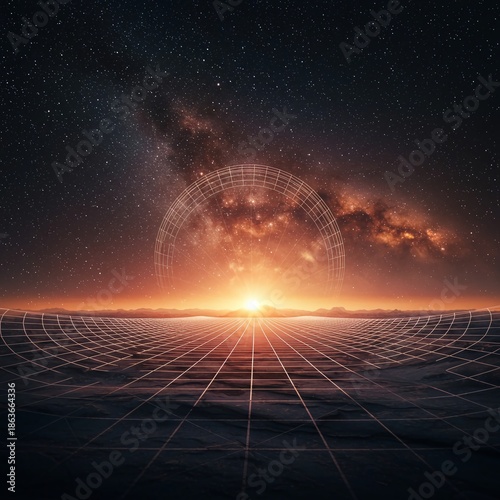 Abstract cosmic landscape showing an endless flowing geometric structure representing infinite time and limitless potential and universal flow, profound, potential, boundless