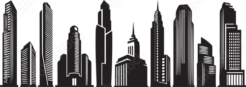 Black and white cityscape with modern skyscrapers