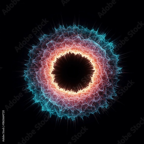 Abstract digital visualization of an undefined resonant void. Energy waves create a template for potential formation within a dynamic empty space, dark, generative, particle