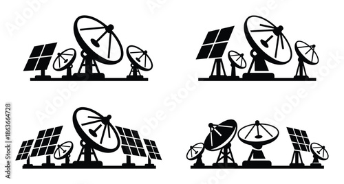 Solar panels, satellite dishes silhouettes. Renewable energy, communication technology in black on a white backdrop.