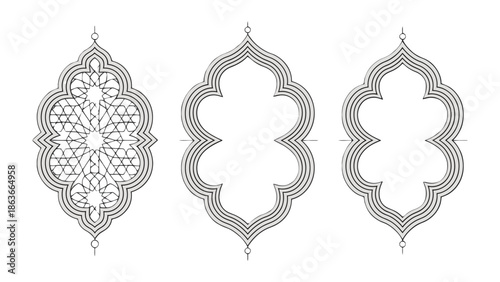Ornamental Geometric Shapes: Three elegant, intricately designed shapes, each showcasing unique geometric patterns, exuding a sense of refined artistry. 