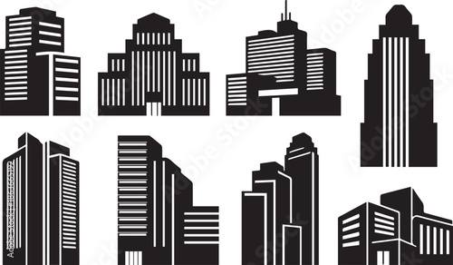 City skyline silhouette with diverse skyscrapers and buildings