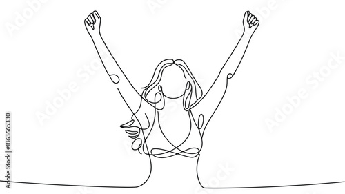 A continuous single line drawing shows a woman with her arms raised in a powerful stance