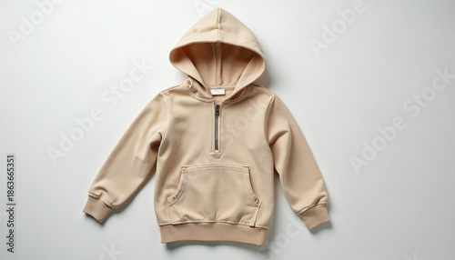 Beige childrens half zip hoodie with front pocket and hood laid flat against white studio background. Casual outerwear garment for active kids.