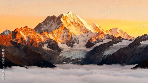 Snow-capped mountain peak illuminated by golden sunrise above a sea of clouds