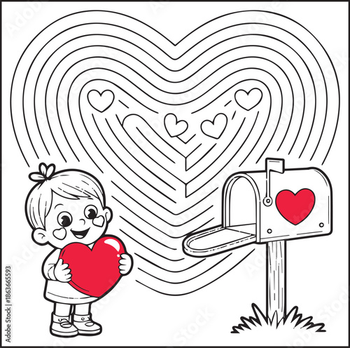 Valentine day coloring page with hand drawn doodles decoration cute boy with heart maze game shape black outline vector illustration for holiday book design, activities and gift