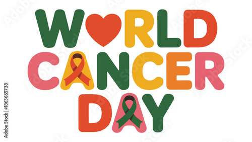 World Cancer Day: A vibrant graphic highlighting World Cancer Day, featuring a heart, ribbon and emphasizing awareness, support, and hope for those affected.