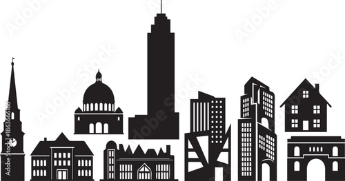 City skyline silhouette with diverse architectural styles