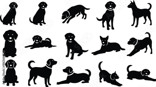 Silhouettes of 15 dogs in various poses and postures, black figures, expressive stance, transparent background, pet behavior and breed illustration