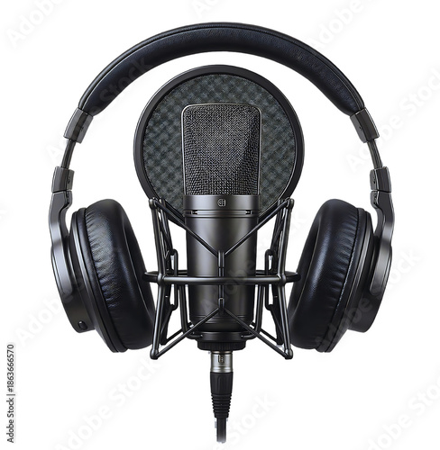 Professional audio recording equipment, featuring a studio microphone and headphones