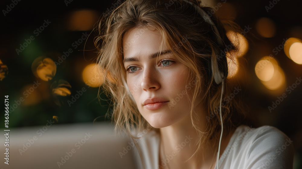 Fototapeta premium Engrossed in Audio: A woman, immersed in her world, focuses intently while wearing headphones. Capturing the tranquility of listening