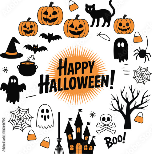 Halloween icons and symbols for holiday decoration and celebration
