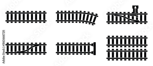 Train tracks vector set showing straight track, curved track, and switch track designs in black and white.