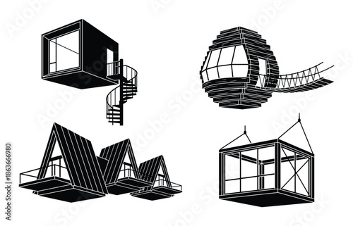 Treehouse structures showing cube, sphere, triangle and box designs with stairways and bridge in black and white art.
