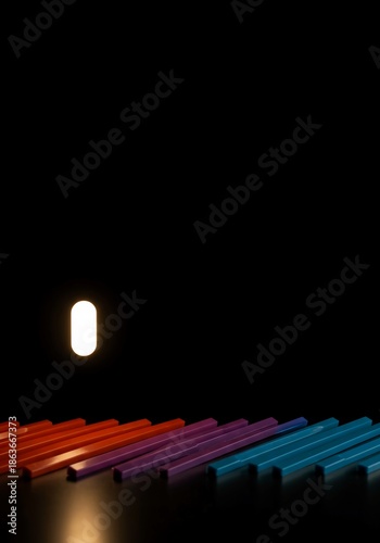 A minimalist abstract design showing a precise sequence of repetitive elements interrupted by a significant empty space, representing a skipped beat or pause, interval, simple, anomaly