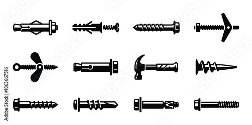 Variety of fasteners hardware set black silhouette icons. Includes screws, anchors and hammer