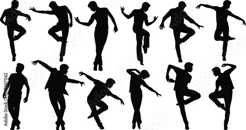 Silhouettes of dancer in twelve dynamic poses, black figures, fluid posture, transparent background, contemporary and interpretive movement illustration