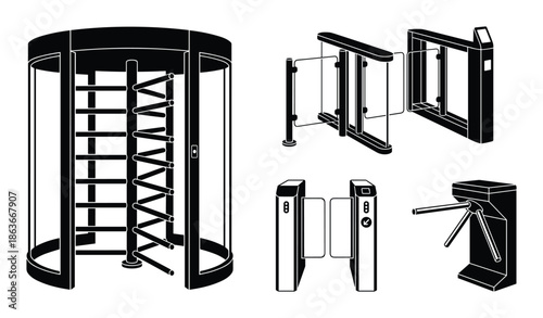 Variety of turnstiles vector drawing, safety equipment for controlled entry. Access point gates illustration.