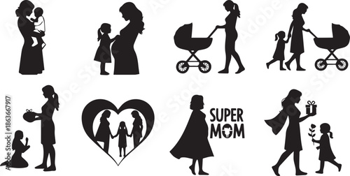 Silhouette illustrations of motherhood and family love