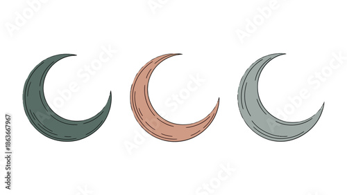 Celestial Trio: Three elegant crescent moons grace the canvas, each exhibiting a unique color and subtle texture. A harmonious display, inviting contemplation of the cosmos. 
