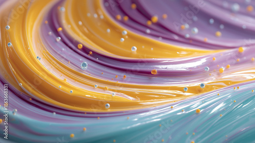 Swirling Waves of Color: An artistic depiction of fluid motion, as vibrant hues of gold, purple, and blue intertwine, forming a mesmerizing dance of abstract form.