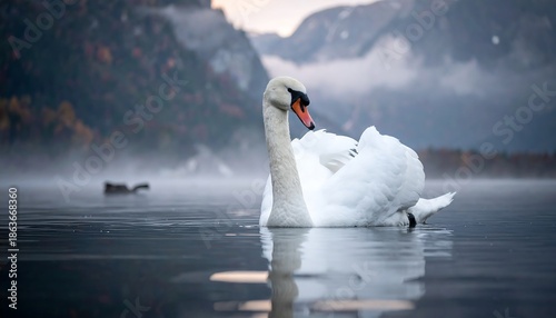 Elegant Swan Gracefully Glides on Misty Lake with Mountain Backdrop.