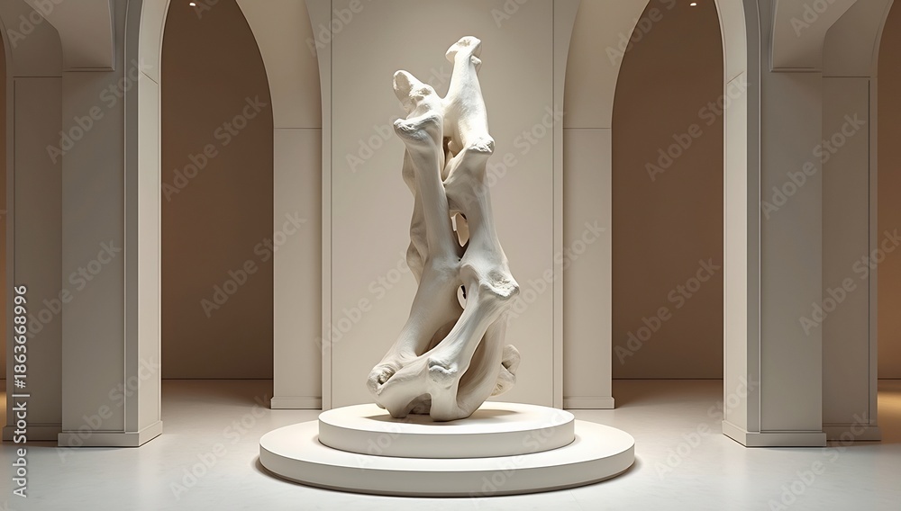 Fototapeta premium Abstract monumental bone-like sculpture in a luxurious modern museum setting with soft lighting and architectural arches