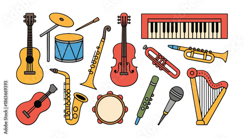 Orchestra of Sounds: An array of musical instruments, each a key to melodies, lies in artistic display, poised to create a symphony of harmonies