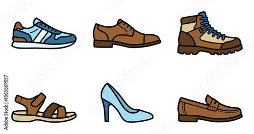 Vector drawing of six different types of shoes including sneakers, dress shoes, boots, sandals, heels, and loafers.