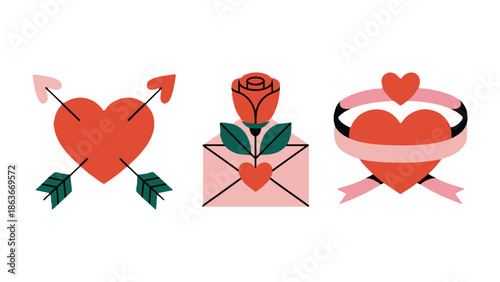 Love's Symbols: Three vibrant illustrations of love's essential symbols. A heart pierced by Cupid's arrow, a delicate rose atop a letter, and a heart adorned with a ribbon