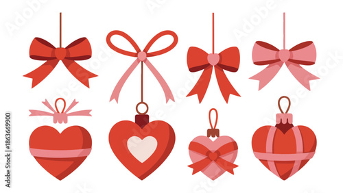 Valentine's Day Ornaments: A charming array of heart-shaped ornaments and delicate bows, painted with romantic hues of red and pink. The picture brings a touch of romance