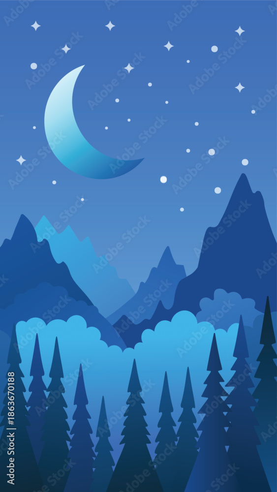 Fototapeta premium Night Forest and Mountains Under Starry Sky with Crescent Moon