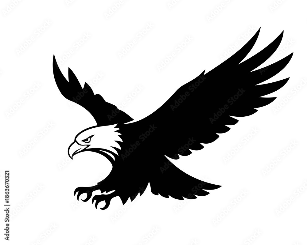 Obraz premium A black and white illustration of an eagle in flight with its wings spread wide.